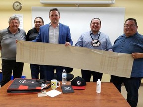 Southern Chiefs' Organization Chiefs' Executive met with the Mayor of Morden on Friday to discuss his push to change controversial local sports team names in his community. (Left to right) Chief Norman Bone, Keeseekoowenin Ojibway First Nation; Chief Larry Barker, Hollow Water First Nation; Morden Mayor Brandon Burley; SCO Grand Chief Jerry Daniels; and Chief Glenn Hudson, Peguis First Nation.