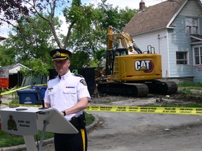 Supt. Michael Koppang, Officer in Charge of Major Crime Services for the Manitoba RCMP addresses the media on Tuesday, in front of a residence on Alfred Avenue in Winnipeg which was destroyed by fire and demolished on June 20, 2020. RCMP Major Crime Services investigators have now identified a location of interest at 381 Alfred Ave. that may be linked to the homicide of Gerhard Reimer-Wiebe whose body was discovered in Portage la Prairie, on June 24.