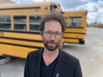 Anders Swanson (Winnipeg Trails Association) during a press conference at the Winnipeg School Division Transportation yard.