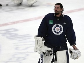 Goaltender Connor Hellebuyck skates during Winnipeg Jets summer training camp on Mon., July 20, 2020. Kevin King/Winnipeg Sun/Postmedia Network