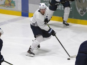 Mark Scheifele carries the puck into the offensive zone during Winnipeg Jets summer training camp on Mon., July 20, 2020. Kevin King/Winnipeg Sun/Postmedia Network