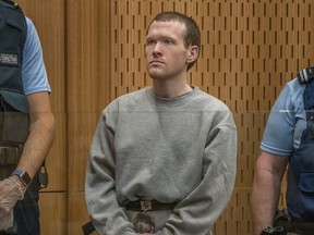 Brenton Tarrant, the gunman who shot and killed worshippers in the Christchurch mosque attacks, is seen during his sentencing at the High Court in Christchurch, New Zealand, Aug. 24, 2020.