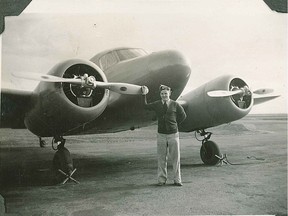 Second World War bomber pilot Gord King is pictured beside his aircraft during the Second Word War. King, whose family and friends attended his celebration of life ceremony last week, was shot down over Germany in 1942 and imprisoned in Stalag 111, the German camp around which The Great Escape movie is centered. He helped manufacture an air pump which sent oxygen down to men digging a tunnel in sand 10 metres below ground.