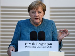 German Chancellor Angela Merkel speaks during a press conference after a meeting with French president Emmanuel Macron at Fort de Bregancon, in Bormes-les-Mimosas, south-east of France, on Aug. 20, 2020.