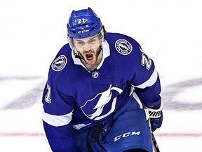 Lightning forward Brayden Point celebrates after scoring the game winning goal against the Blue Jackets at 5:12 during the first overtime period to win Game 5 in the Eastern Conference First Round series during the 2020 NHL Stanley Cup Playoffs at Scotiabank Arena in Toronto, Wednesday, Aug. 19, 2020.