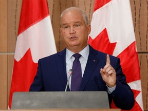 Erin O'Toole, the new leader of the Conservative Party of Canada, holds his first press conference as the leader of the official opposition on Parliament Hill in Ottawa, Ontario, Canada August 25, 2020.