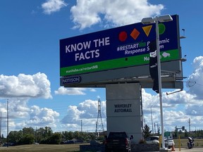 A billboard related to the COVID-19 pandemic from the Manitoba government is shown in Winnipeg on Friday Aug. 28, 2020. The government has reworked its pandemic advertising campaign following a rise in COVID-19 cases in recent weeks.