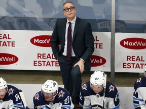 Winnipeg Jets head coach Paul Maurice looks skyward during Game One of the Western Conference Qualification Round against the Calgary Flames during the 2020 NHL Stanley Cup Playoffs at Rogers Place on August 1, 2020 in Edmonton, Alberta.