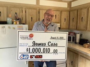 Portage la Prairie’s James Case celebrates after becoming Manitoba's newest lottery millionaire after exactly matching the winning number for a Lotto 6/49 Guaranteed Prize Draw for the Aug. 5 Lotto 6/49 draw.