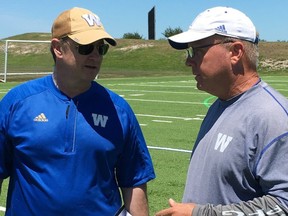 Blue Bombers assistant general managers Danny McManus (right) and Ted Goveia at a tryout camp in Bradenton, Fla.