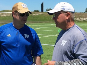 Blue Bombers assistant general managers Danny McManus (right) and Ted Goveia at a tryout camp in Bradenton, Fla.