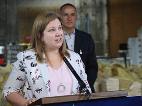 Conservation and Climate Minister Sarah Guillemard announces $10 million for recycling programs in Manitoba on Monday at Mother Earth Recycling in Winnipeg.