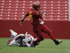 Linebacker Kris Moncrief #6 of the Louisiana-Lafayette Ragin Cajuns can’t hold onto quarterback Brock Purdy #15 of the Iowa State Cyclones as he scrambled for yards in the second half of the play at Jack Trice Stadium on September 12, 2020 in Ames, Iowa. David K Purdy/Getty Images