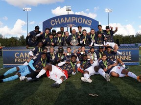 Forge FC celebrates after defeating HFX Wanderers FC 2-0 to win the Canadian Premier League's Island Games championship in Charlottetown, P.E.I., on Sept. 19, 2020. Canadian Premier League/Chant Photography.