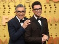 Eugene Levy, left, won Outstanding Lead Actor in a Comedy Series along his son Dan Levy who won Outstanding Writing For A Comedy Series for Schitt's Creek during the 72nd Primetime Emmy Awards ceremony held virtually on Sunday, Sept. 20, 2020.