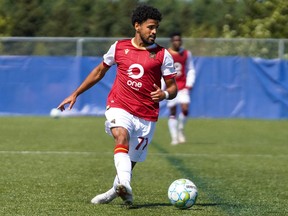 Valour FC attacker Federico Pena in action against FC Edmonton at the Canadian Premier League Island Games tournament in Charlottetown, P.E.I., on Saturday.
