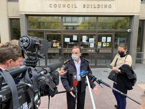 Winnipeg Police Chief Danny Smyth takes questions from the press after a meeting with the Winnipeg Police Board on Thursday. Sept. 24, 2020.