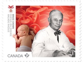 University of Manitoba alumnus and Winnipegger Dr. Bruce Chown is one of six groundbreaking physicians and researchers who were celebrated across the country with the unveiling of a set of commemorative Canada Post stamps. A renowned researcher and former University of Manitoba professor, Chown is internationally recognized for leading the way in eliminating the once-deadly rhesus (Rh) disease, a condition that may occur when the Rh blood types of a pregnant woman and her fetus are incompatible.