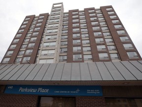 Parkview Place Long Term Care Home on Edmonton Street in Winnipeg is pictured on Wed., Sept. 23, 2020. A resident who tested positive for COVID-19 died at Parkview Place on Tuesday. Six others, including a staff member, have tested positive so far.