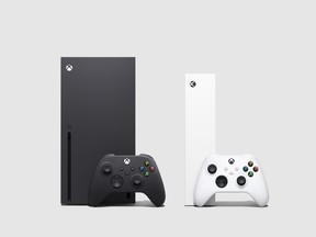 Xbox Series X, left, and PlayStation 5 gaming consoles are pictured in this combination photo.