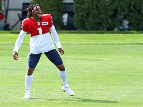 Cam Newton warms up during New England Patriots Training Camp at Gillette Stadium on Sept. 1, 2020 in Foxborough, Massachusetts.