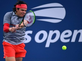 Milos Raonic hits the ball against Leonardo Mayer on day two of the 2020 U.S. Open tennis tournament at USTA Billie Jean King National Tennis Center.