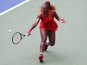 Serena Williams returns the ball during her Women's Singles quarterfinal match against Tsvetana Pironkova on Day 10 of the 2020 U.S. Open at the USTA Billie Jean King National Tennis Center on Wednesday, Sept. 9, 2020 in the Queens borough of New York City.