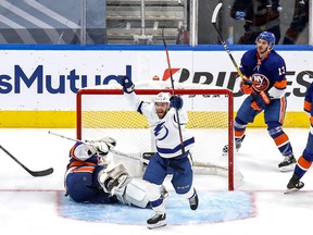 Brayden Point of the Tampa Bay Lightning celebrates after scoring a goal past Semyon Varlamov (40) of the New York Islanders during the third period in Game Four of the Eastern Conference Final during the 2020 NHL Stanley Cup Playoffs at Rogers Place on Sept. 13, 2020 in Edmonton.