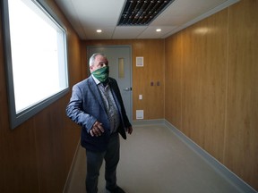 Roger Stearns, general superintendent for PCL Constructors, shows the visiting area of a all-season shelter designed for personal care homes, in Winnipeg on Tuesday.