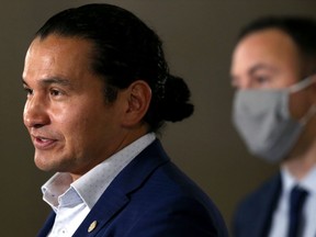 NDP leader Wab Kinew speaks during a press conference concerned with the possible privatization of Manitoba Hydro, at the Manitoba Legislative Building in Winnipeg, on Thurs., Sept. 17, 2020. Kevin King/Winnipeg Sun/Postmedia Network