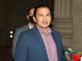 NDP leader Wab Kinew responds to the province moving the the Winnipeg Metropolitan Region including the City of Winnipeg to Restricted (Orange) level of caution in their COVID Pandemic Response System on Friday, Sept. 25, 2020 at the Manitoba Legislature in Winnipeg. The measures will take effect on Monday, Sept. 28, 2020.