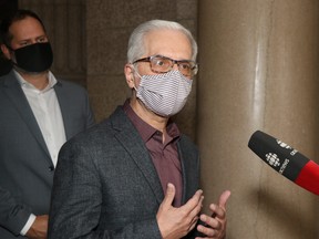 NDP MLA Nello Altomare (Transcona) calls on the province to delay shutting down the CancerCare Manitoba units at Seven Oaks and Concordia Hospitals on Friday at the Manitoba Legislature in Winnipeg. Altomare (Transcona) said his ability to be able to attend a CCMB location close to him during the pandemic has played a major role in his fight against stage 2 lymphoma, which is now in remission. NDP MLA Matt Wiebe (Concordia) is in background.