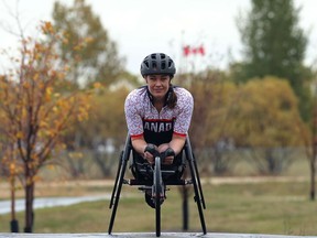 Paralympian Leanne Taylor displays her new racing chair in Oak Bluff, Man., on Wed., Sept, 30, 2020. Kevin King/Winnipeg Sun/Postmedia Network