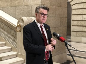 Manitoba Liberal leader Dougald Lamont speaks to reporters at the Manitoba Legislature on Monday.
