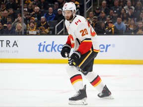 Derek Forbort (20) of the Calgary Flames skates against the Boston Bruins during his first game with the Flames in the third period at TD Garden on Feb. 25, 2020 in Boston. The Flames defeat the Bruins 5-2.