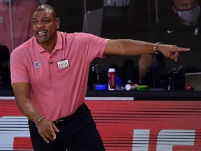 Doc Rivers of the LA Clippers reacts during the first quarter against the Denver Nuggets in Game Seven of the Western Conference Second Round during the 2020 NBA Playoffs at AdventHealth Arena at the ESPN Wide World Of Sports Complex on September 15, 2020 in Lake Buena Vista, Florida.