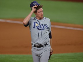 Peter Fairbanks of the Tampa Bay Rays reacts against the Los Angeles Dodgers during the seventh inning in Game Six of the World Series. the Dodgers won the series in six games.