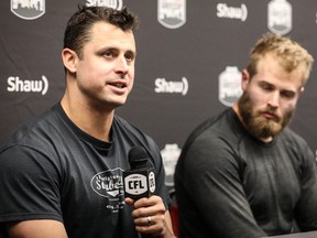 Winnipeg Blue Bombers Zach Collaros and Chris Streveler post game after a 35-14 win over the Calgary Stampeders in the 2019 CFL West Division semifinal in Calgary on Sunday, November 10, 2019.