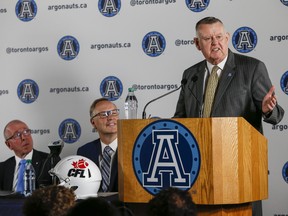 David Braley stands at the podium in May 2015 during the announced that he would be selling the Argonauts to Bell Canada and LarryTanenbaum's Kilmer Group.