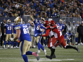 The play that made everyone believe: Blue Bombers' new  quarterback Zach Collaros throws to Darvin Adams for a fourth-quarter touchdown against the Calgary Stampeders in Winnipeg Friday, October 25, 2019.