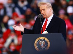 U.S. President Donald Trump speaks during a campaign rally in Muskegon, Mich., Saturday, Oct. 17, 2020.