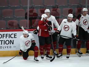 Arizona Coyotes players practise at Gila River Arena in July.