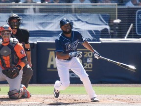 Manuel Margot of the Tampa Bay Rays hits a three run home run against the Houston Astros during the first inning in Game 2 of the American League Championship Series at PETCO Park on Oct. 12, 2020 in San Diego, Calif.