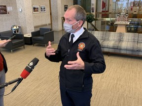 Winnipeg Fire Paramedic Service Chief John Lane speaks with media at Winnipeg City Hall on Monday, Oct. 5, 2020.