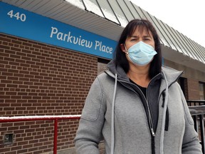 Linda Blair is pictured outside Parkview Place on Edmonton Street in Winnipeg on Wed., Oct. 28, 2020. Kevin King/Winnipeg Sun/Postmedia Network