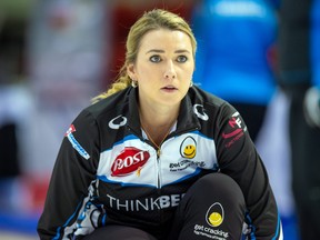 Team Homan third Emma Miskew during play against Team Hastings, in January.