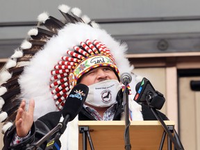 Jerry Daniels, Grand Chief of the Southern Chiefs' Organization, speaks from the steps of the Manitoba Legislative Building in Winnipeg on Wednesday, Oct. 21, 2020.