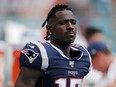 Antonio Brown of the New England Patriots looks on against the Miami Dolphins at Hard Rock Stadium on Sept. 15, 2019 in Miami.