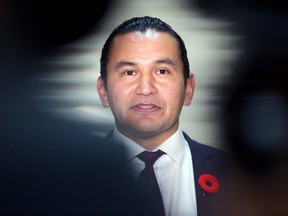 NDP leader Wab Kinew meets with media at the Manitoba Legislative Building in Winnipeg on Tues., Nov. 3, 2020. Kevin King/Winnipeg Sun/Postmedia Network