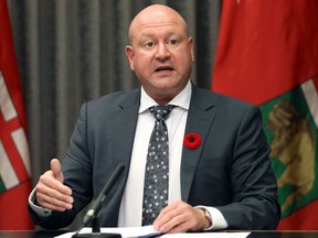 Dr. Brent Roussin, the chief provincial public health officer, speaks during a COVID-19 briefing at the Manitoba Legislative Building in Winnipeg on Wed., Nov. 4, 2020. Kevin King/Winnipeg Sun/Postmedia Network